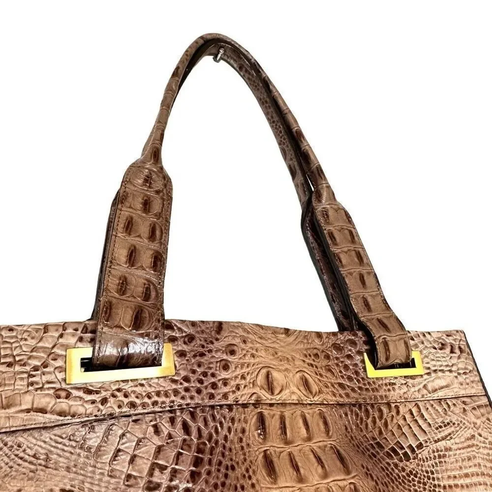 Brahmin Istana Mocha Madison Ave Melbourbe Croc Embossed Top Zip Leather Tote Sh